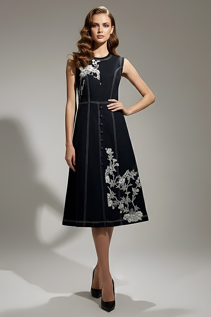 Black Stretch Denim Printed & Embroidered A-Line Midi Cocktail Dress by Eshaani Jayaswal at Pernia's Pop Up Shop