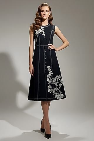Black Stretch Denim Printed & Embroidered A-Line Midi Dress by Eshaani Jayaswal