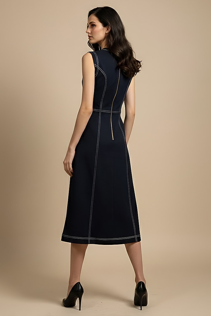 Black Stretch Denim Printed & Embroidered A-Line Midi Cocktail Dress by Eshaani Jayaswal at Pernia's Pop Up Shop