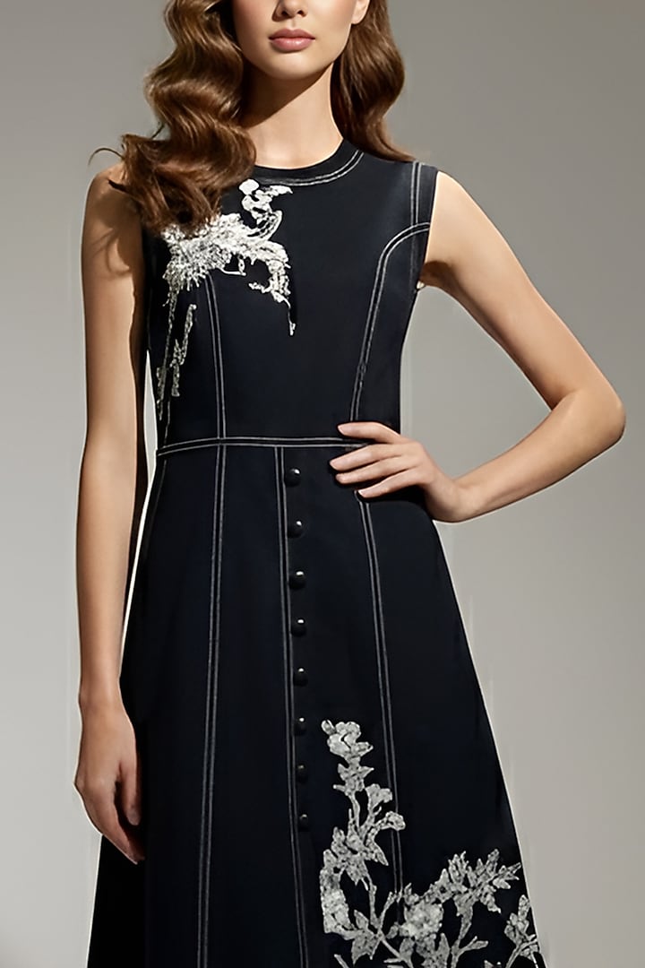 Black Stretch Denim Printed & Embroidered A-Line Midi Cocktail Dress by Eshaani Jayaswal at Pernia's Pop Up Shop