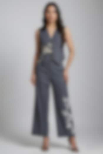 Grey Stretch Denim Floral Embroidered Waistcoat Set by Eshaani Jayaswal at Pernia's Pop Up Shop