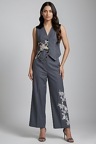 Grey Stretch Denim Floral Embroidered Waistcoat Set by Eshaani Jayaswal