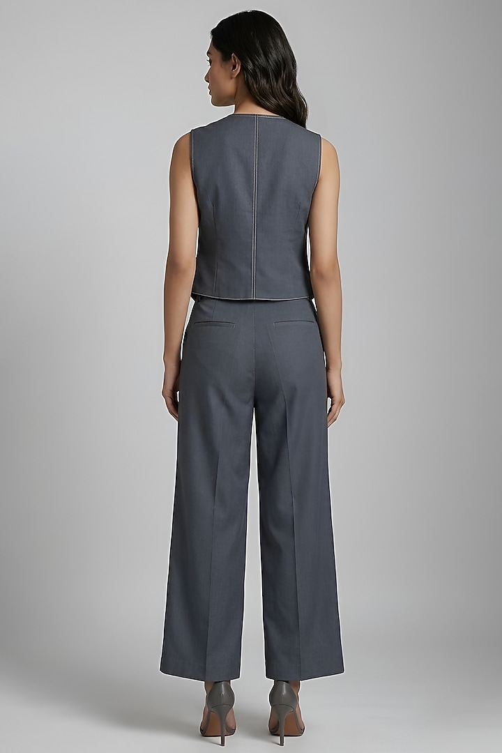 Grey Stretch Denim Floral Embroidered Waistcoat Set by Eshaani Jayaswal at Pernia's Pop Up Shop