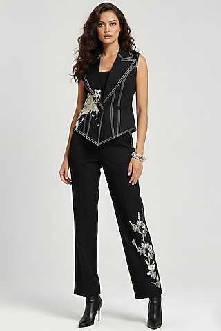 Black Cotton Printed Waistcoat Set by Eshaani Jayaswal