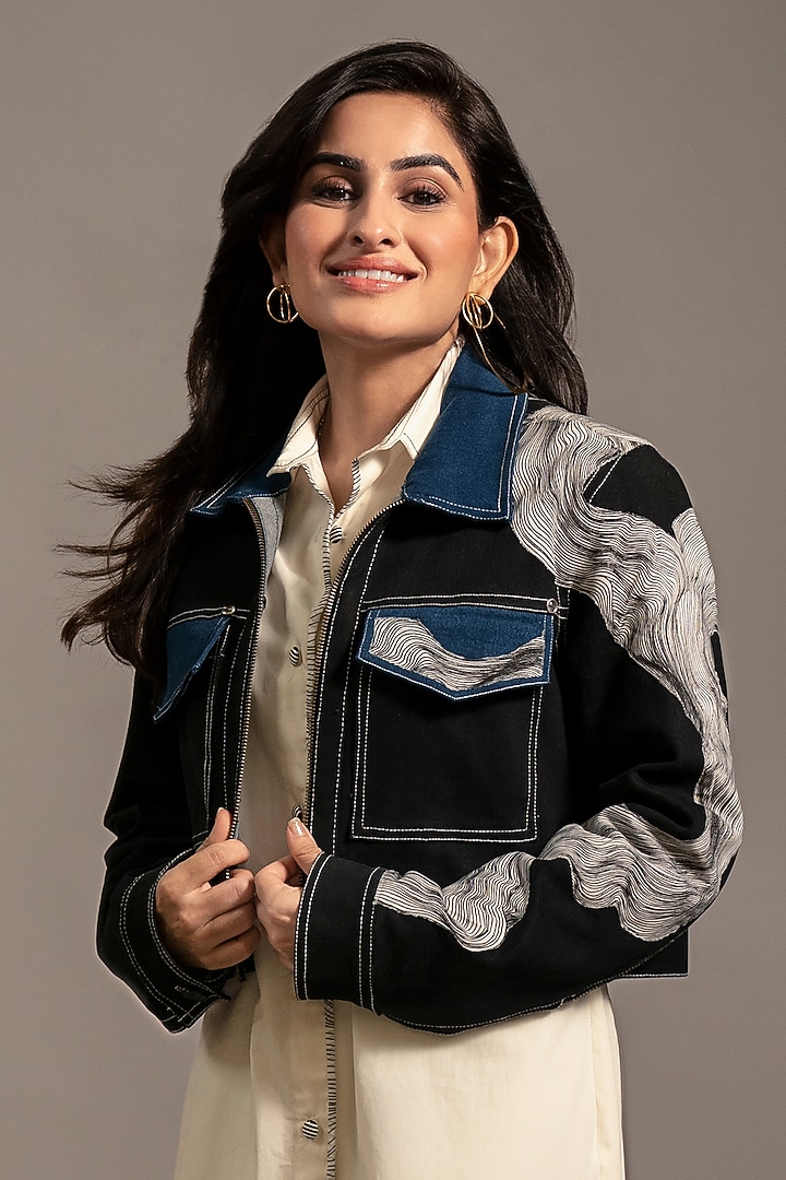 Black Stretch Denim Jacket by Eshaani Jayaswal at Pernia's Pop Up Shop