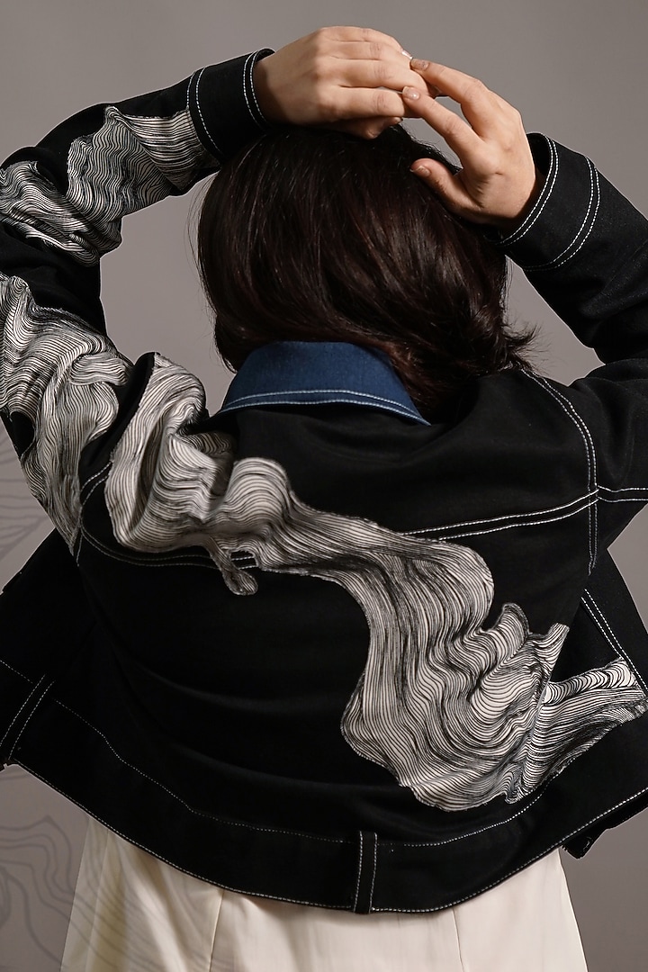 Black Stretch Denim Jacket by Eshaani Jayaswal at Pernia's Pop Up Shop