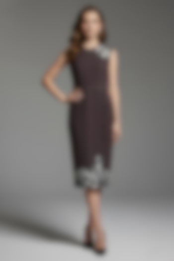 Wine Stretch Denim Floral Patch Embroidered Midi Cocktail Dress by Eshaani Jayaswal at Pernia's Pop Up Shop