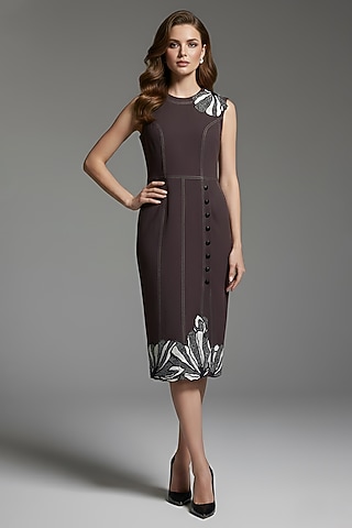 Wine Stretch Denim Floral Patch Embroidered Midi Dress by Eshaani Jayaswal