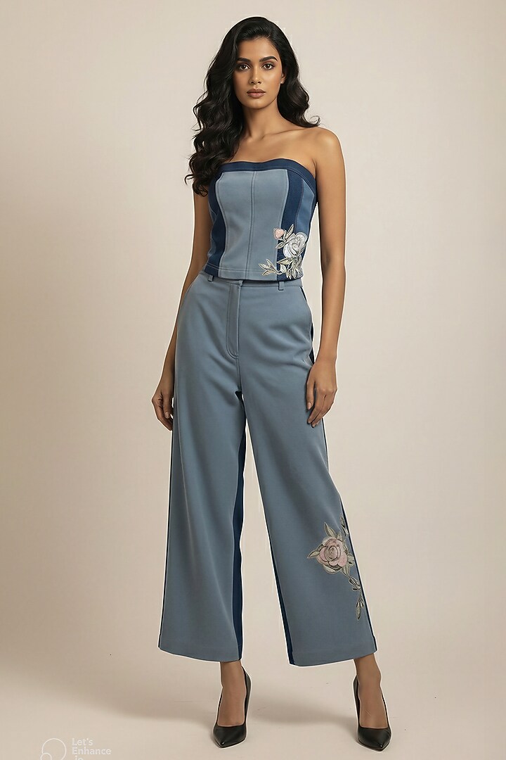 Blue Stretch Denim Floral Patch Embroidered Co-Ord Set by Eshaani Jayaswal at Pernia's Pop Up Shop