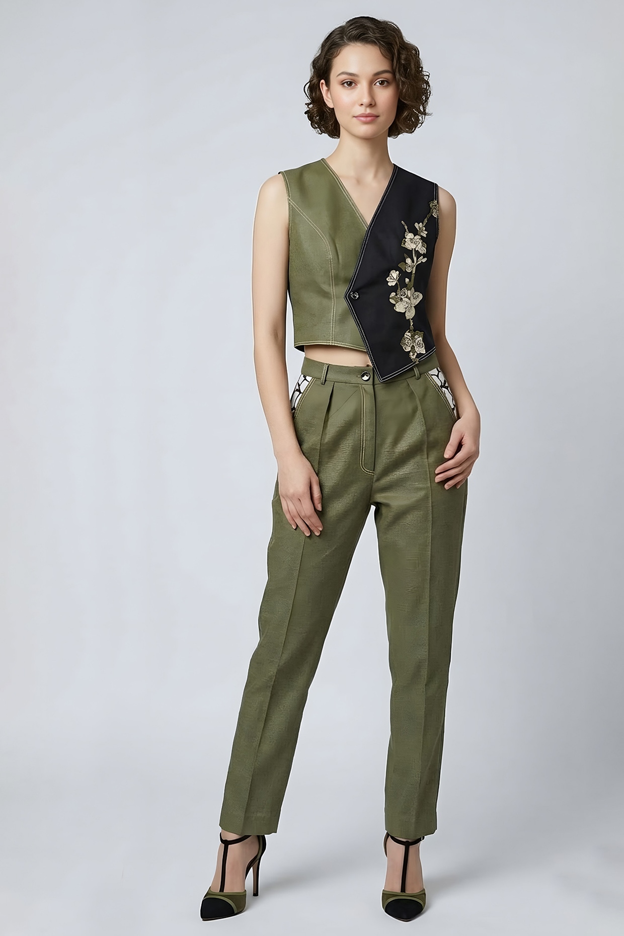 Eshaani Jayaswal Olive-Black Stretch Denim Co-Ord Set