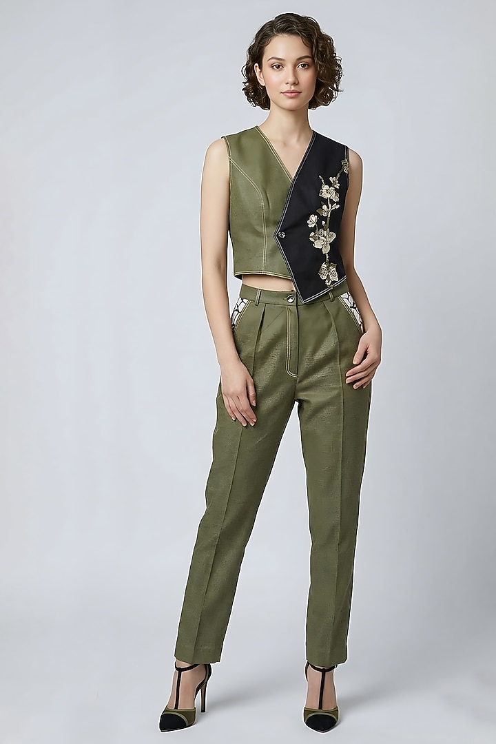 Olive-Black Stretch Denim Co-Ord Set by Eshaani Jayaswal at Pernia's Pop Up Shop