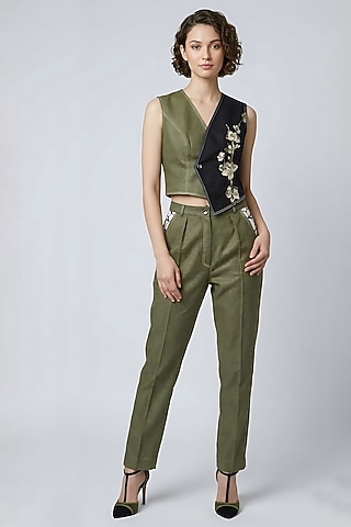 Olive-Black Stretch Denim Co-Ord Set by Eshaani Jayaswal