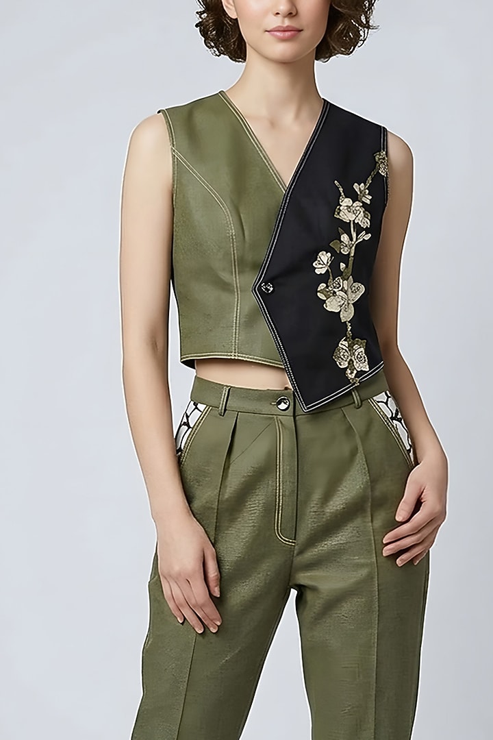 Olive-Black Stretch Denim Co-Ord Set by Eshaani Jayaswal at Pernia's Pop Up Shop