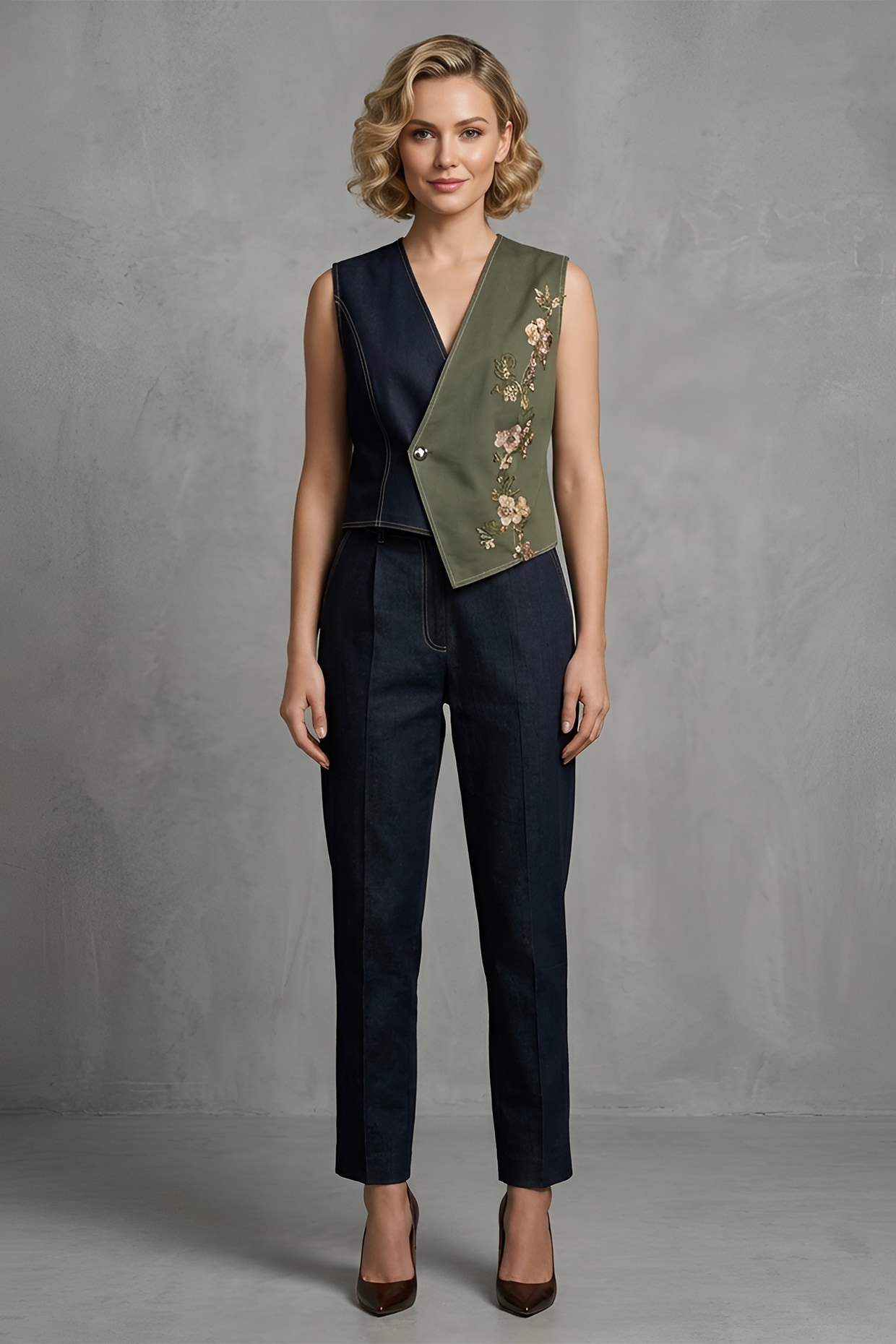 Eshaani Jayaswal Black-Olive Stretch Denim Co-Ord Set