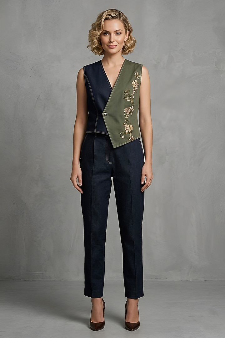 Black-Olive Stretch Denim Co-Ord Set by Eshaani Jayaswal at Pernia's Pop Up Shop