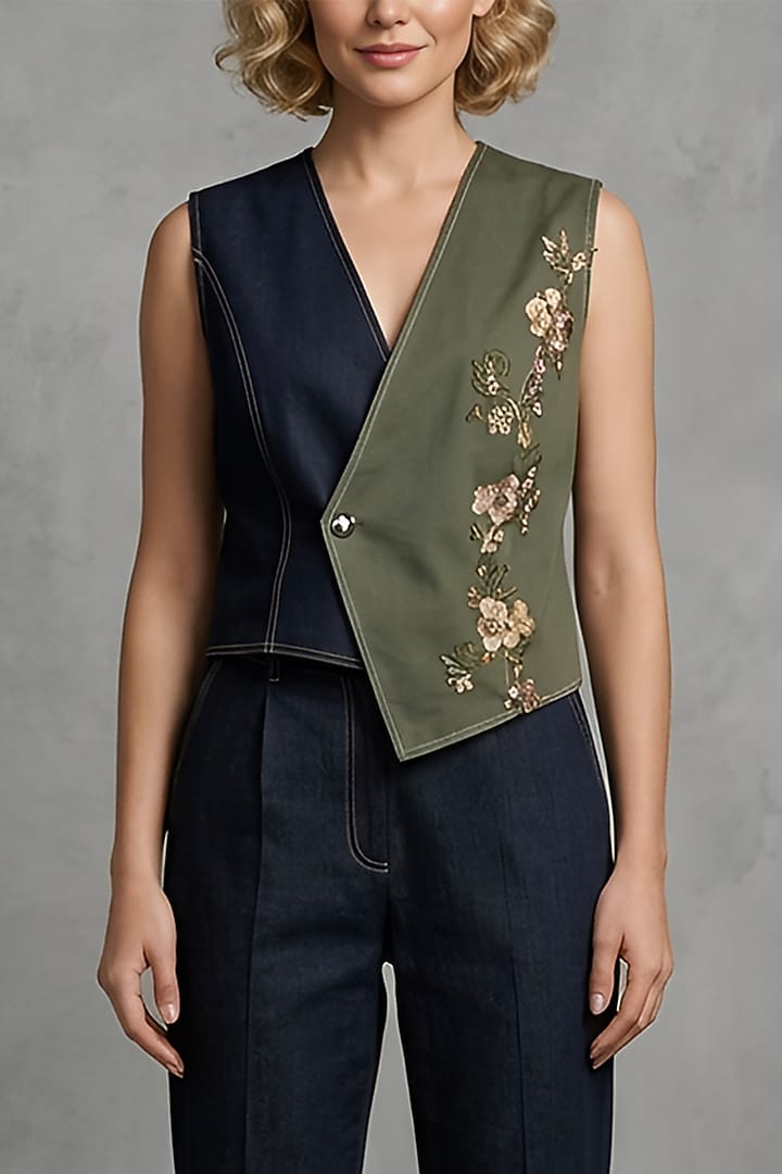 Black-Olive Stretch Denim Co-Ord Set by Eshaani Jayaswal at Pernia's Pop Up Shop