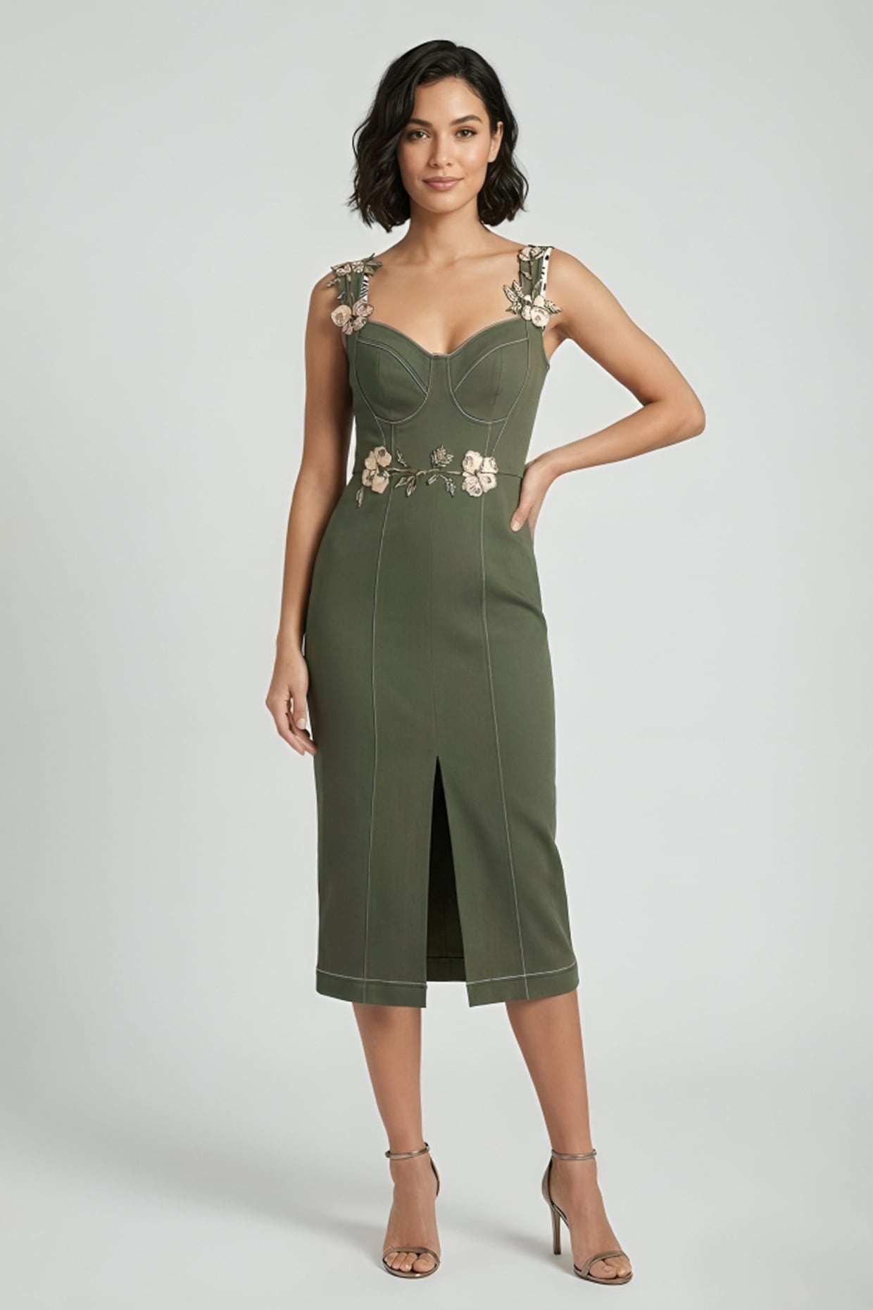 Eshaani Jayaswal Olive Green Stretch Denim Printed Midi Dress
