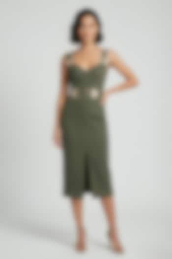 Olive Green Stretch Denim Printed Midi Cocktail Dress by Eshaani Jayaswal at Pernia's Pop Up Shop