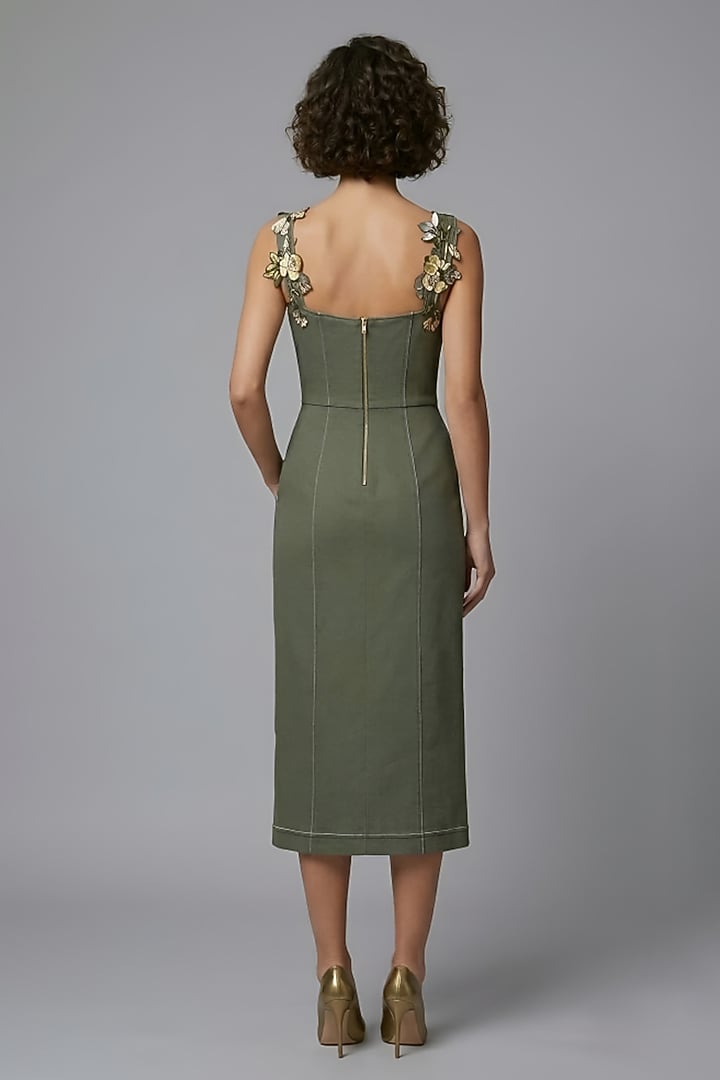 Olive Green Stretch Denim Printed Midi Cocktail Dress by Eshaani Jayaswal at Pernia's Pop Up Shop