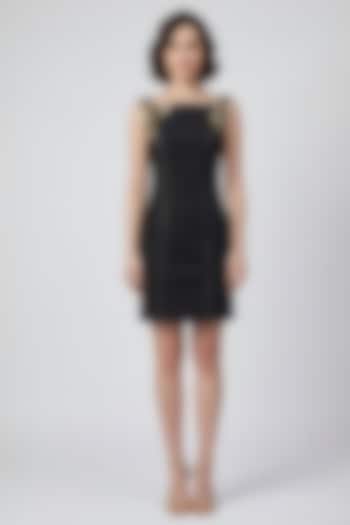 Black Stretch Denim Printed Mini Cocktail Dress by Eshaani Jayaswal at Pernia's Pop Up Shop