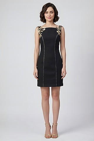 Black Stretch Denim Printed Mini Dress by Eshaani Jayaswal