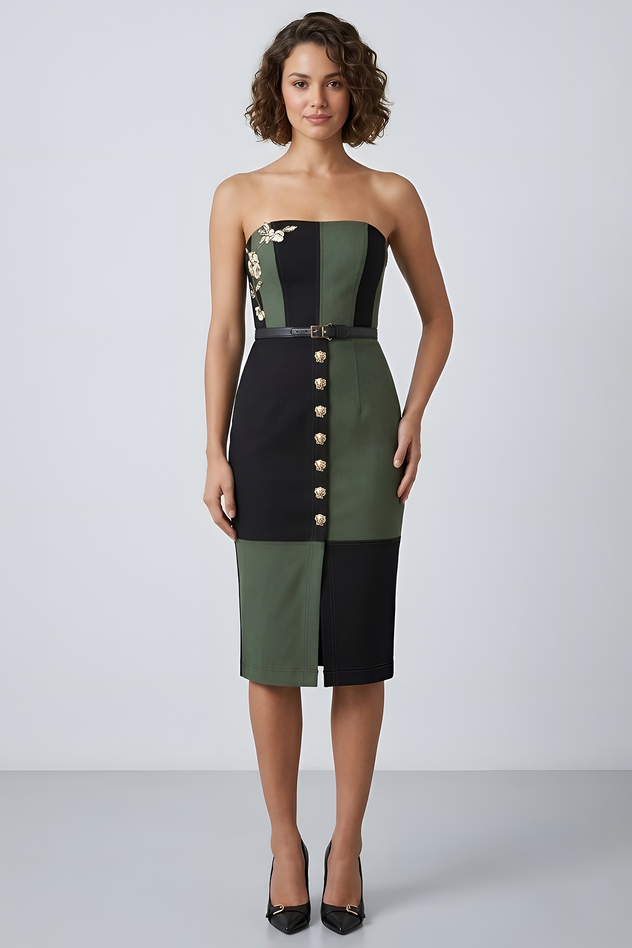 Eshaani Jayaswal Black & Olive Green Stretch Denim Tube Dress