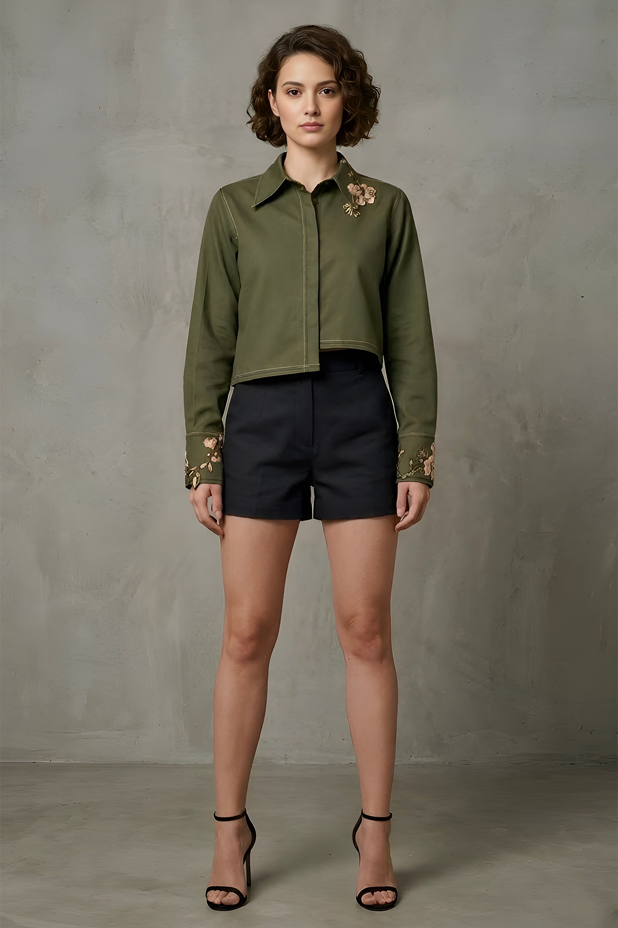 Eshaani Jayaswal Olive-Black Stretch Denim Co-Ord Set