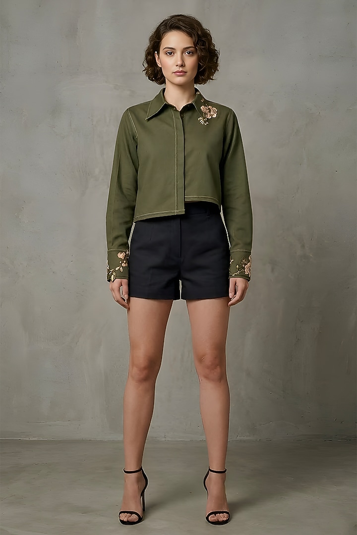 Olive-Black Stretch Denim Co-Ord Set by Eshaani Jayaswal at Pernia's Pop Up Shop
