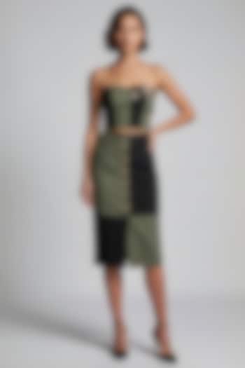Olive Green & Black Stretch Denim Midi Skirt Set by Eshaani Jayaswal at Pernia's Pop Up Shop