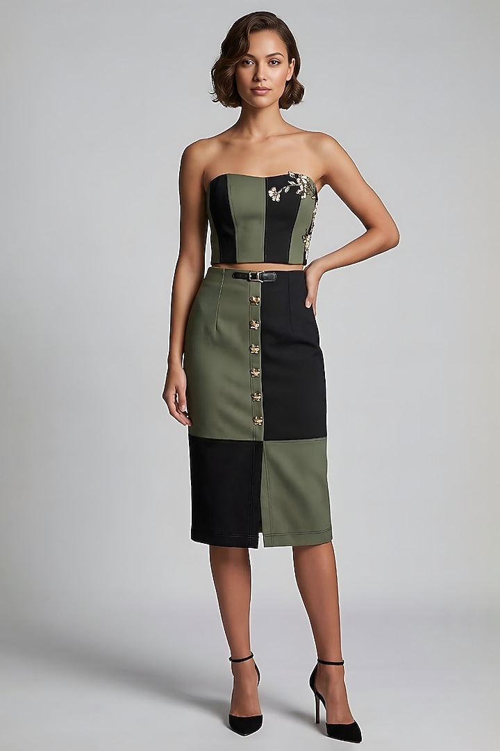Olive Green & Black Stretch Denim Midi Skirt Set by Eshaani Jayaswal at Pernia's Pop Up Shop
