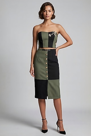 Olive Green & Black Stretch Denim Midi Skirt Set by Eshaani Jayaswal