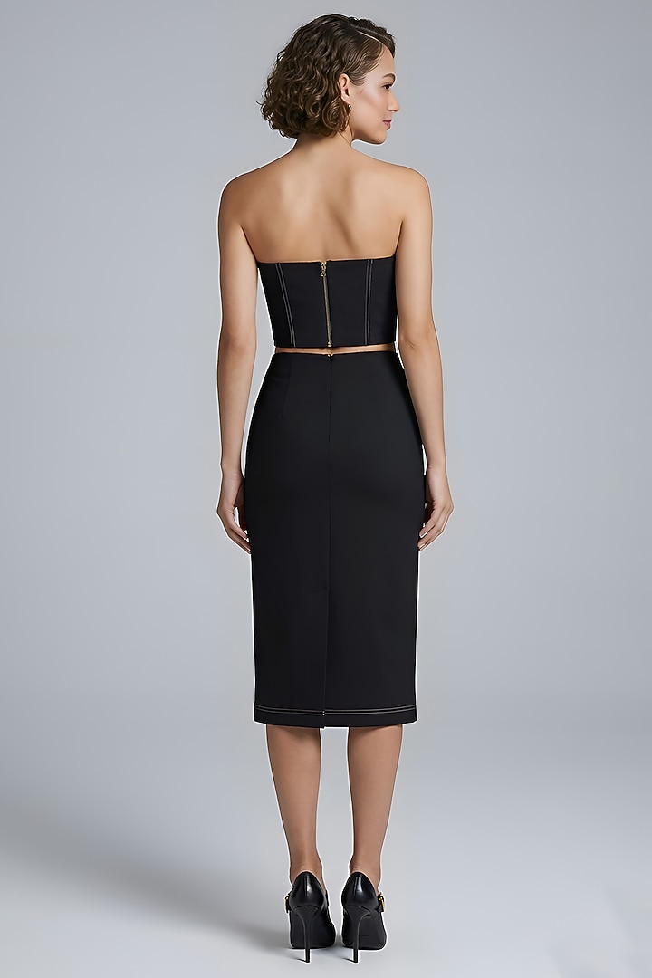 Olive Green & Black Stretch Denim Midi Skirt Set by Eshaani Jayaswal at Pernia's Pop Up Shop