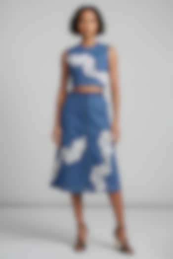 Blue Stretch Denim Printed A-Line Midi Skirt Set by Eshaani Jayaswal at Pernia's Pop Up Shop
