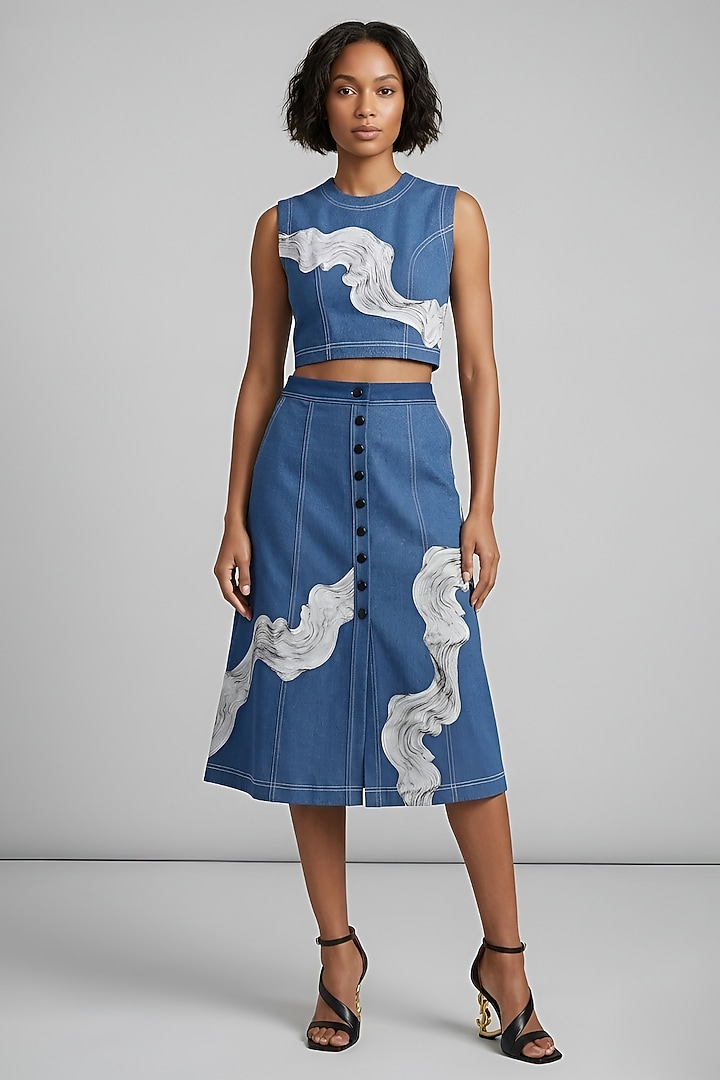 Blue Stretch Denim Printed A-Line Midi Skirt Set by Eshaani Jayaswal at Pernia's Pop Up Shop