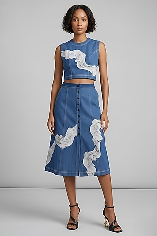 Blue Stretch Denim Printed A-Line Midi Skirt Set by Eshaani Jayaswal