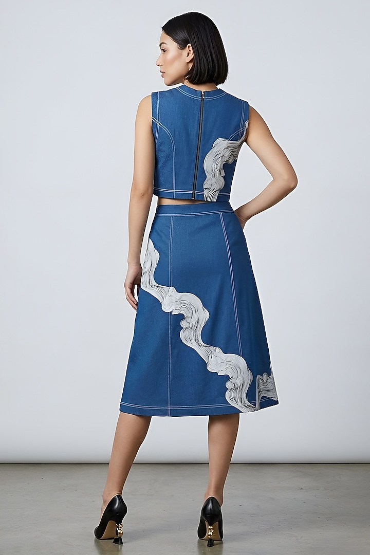 Blue Stretch Denim Printed A-Line Midi Skirt Set by Eshaani Jayaswal at Pernia's Pop Up Shop