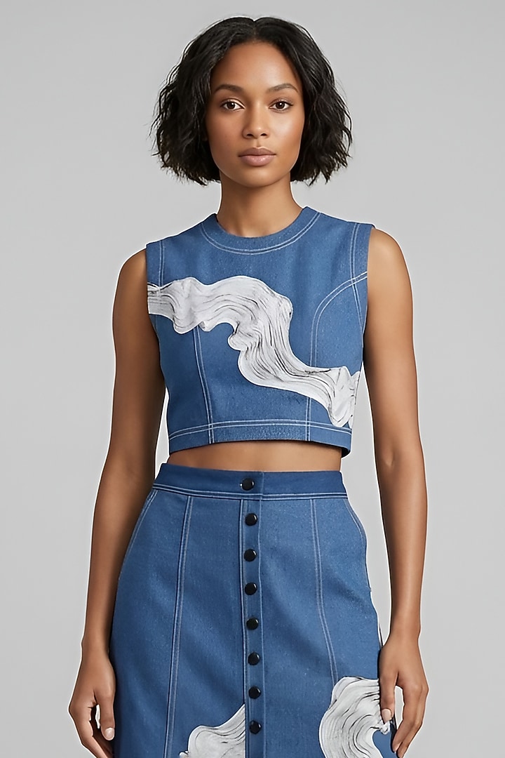 Blue Stretch Denim Printed A-Line Midi Skirt Set by Eshaani Jayaswal at Pernia's Pop Up Shop