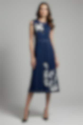 Dark Blue Stretch Denim Printed A-Line Midi Cocktail Dress by Eshaani Jayaswal at Pernia's Pop Up Shop
