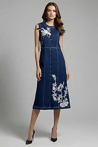Dark Blue Stretch Denim Printed A-Line Midi Dress by Eshaani Jayaswal