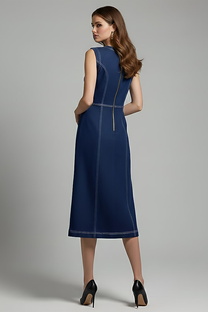 Dark Blue Stretch Denim Printed A-Line Midi Cocktail Dress by Eshaani Jayaswal at Pernia's Pop Up Shop