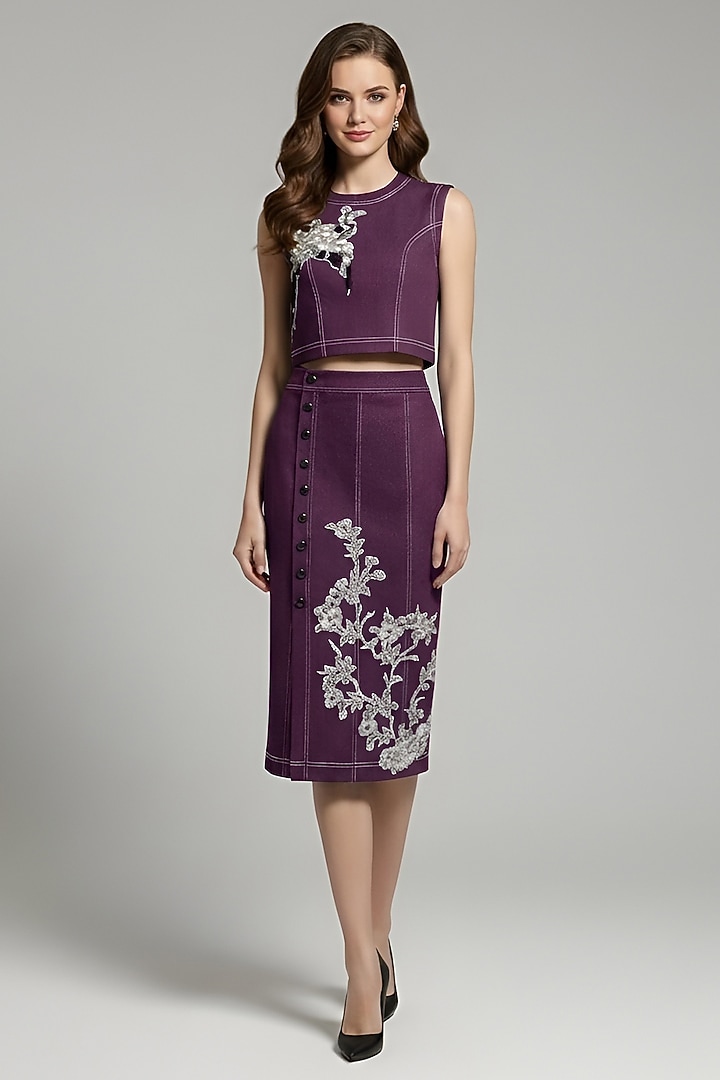 Wine Stretch Denim Midi Pencil Skirt Set by Eshaani Jayaswal at Pernia's Pop Up Shop