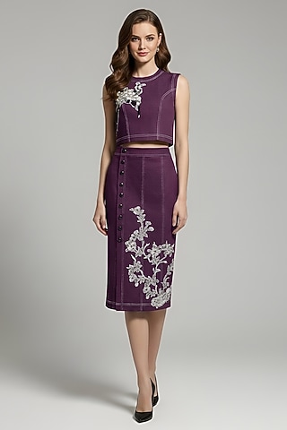 Wine Stretch Denim Midi Pencil Skirt Set by Eshaani Jayaswal