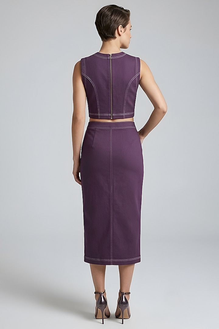 Wine Stretch Denim Midi Pencil Skirt Set by Eshaani Jayaswal at Pernia's Pop Up Shop