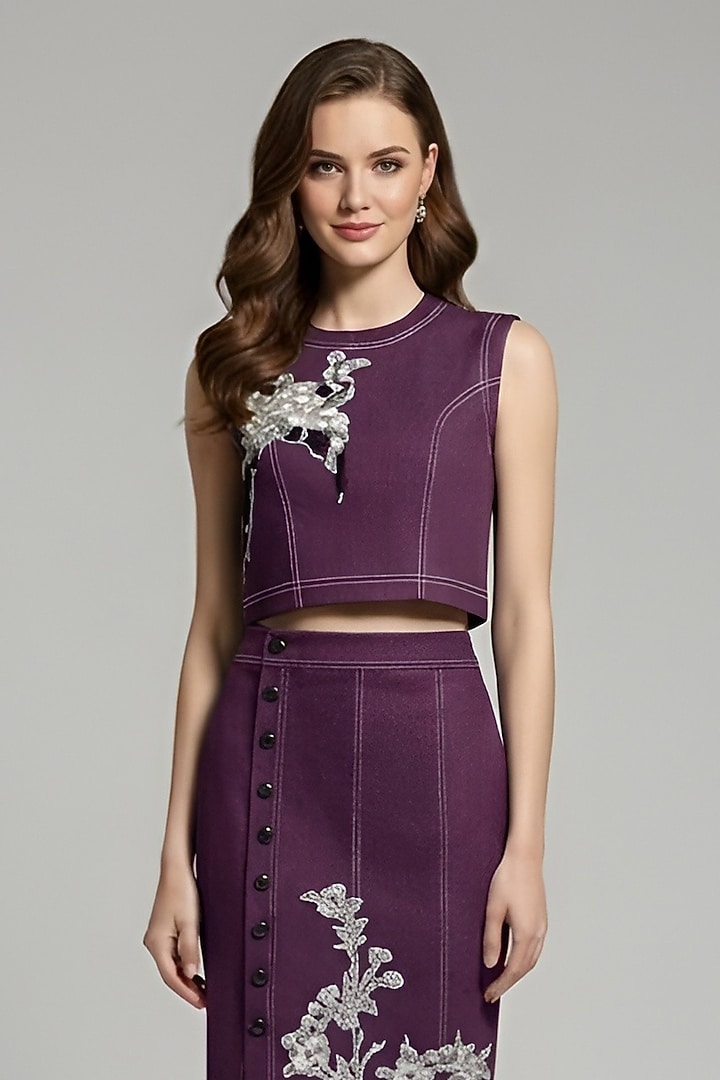 Wine Stretch Denim Midi Pencil Skirt Set by Eshaani Jayaswal at Pernia's Pop Up Shop