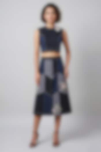 Multi-Colored Stretch Denim A-Line Midi Skirt Set by Eshaani Jayaswal at Pernia's Pop Up Shop