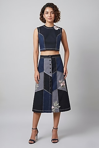 Multi-Colored Stretch Denim A-Line Midi Skirt Set by Eshaani Jayaswal