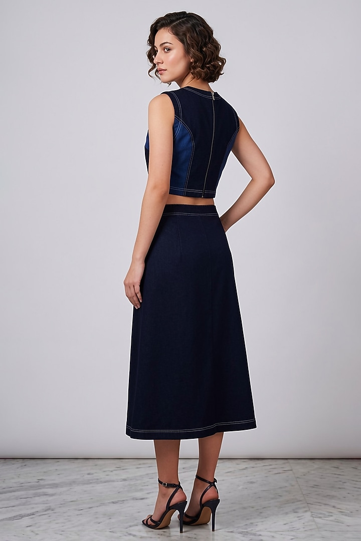 Multi-Colored Stretch Denim A-Line Midi Skirt Set by Eshaani Jayaswal at Pernia's Pop Up Shop