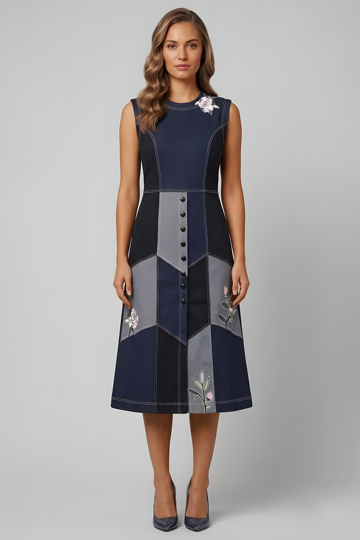 Eshaani Jayaswal Black Stretch Denim Printed A-Line Midi Dress