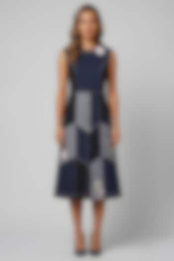 Black Stretch Denim Printed A-Line Midi Cocktail Dress by Eshaani Jayaswal at Pernia's Pop Up Shop