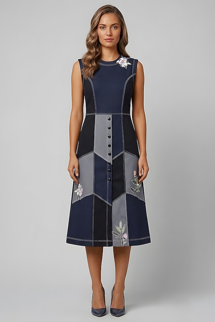 Black Stretch Denim Printed A-Line Midi Cocktail Dress by Eshaani Jayaswal at Pernia's Pop Up Shop